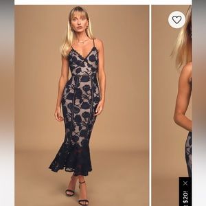 Lulu’s Alluring Dream Navy Blue Floral Mesh Lace Trumpet Midi Dress